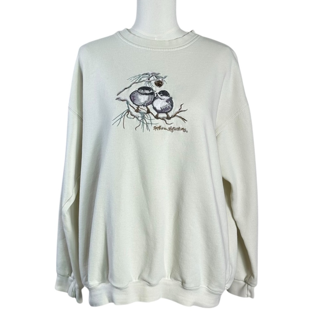 Vintage 90s Northern Reflections Winter Snow Birds Cream Oversized Sweatshirt XL